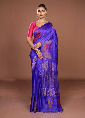 Blue Handloom Matka Pure Silk Saree With Blouse Piece