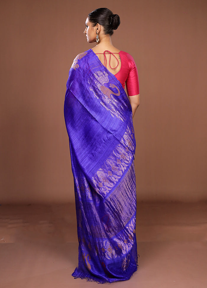 Blue Handloom Matka Pure Silk Saree With Blouse Piece