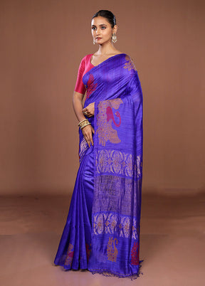 Blue Handloom Matka Pure Silk Saree With Blouse Piece