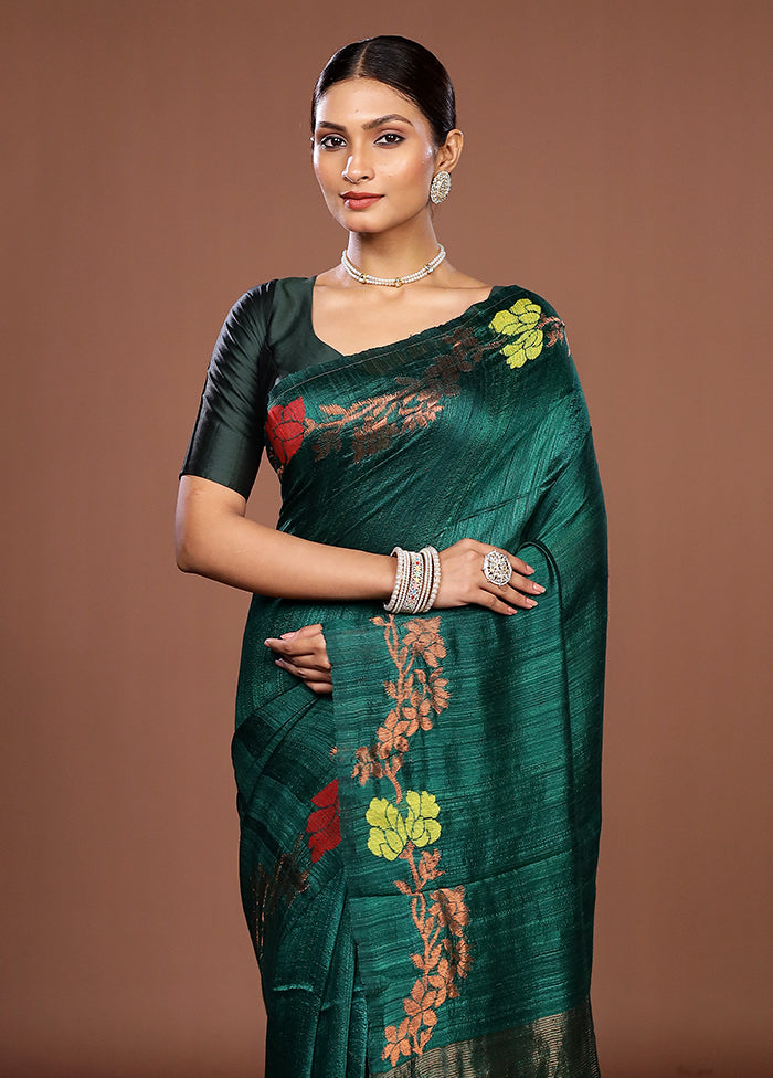 Green Handloom Matka Pure Silk Saree With Blouse Piece