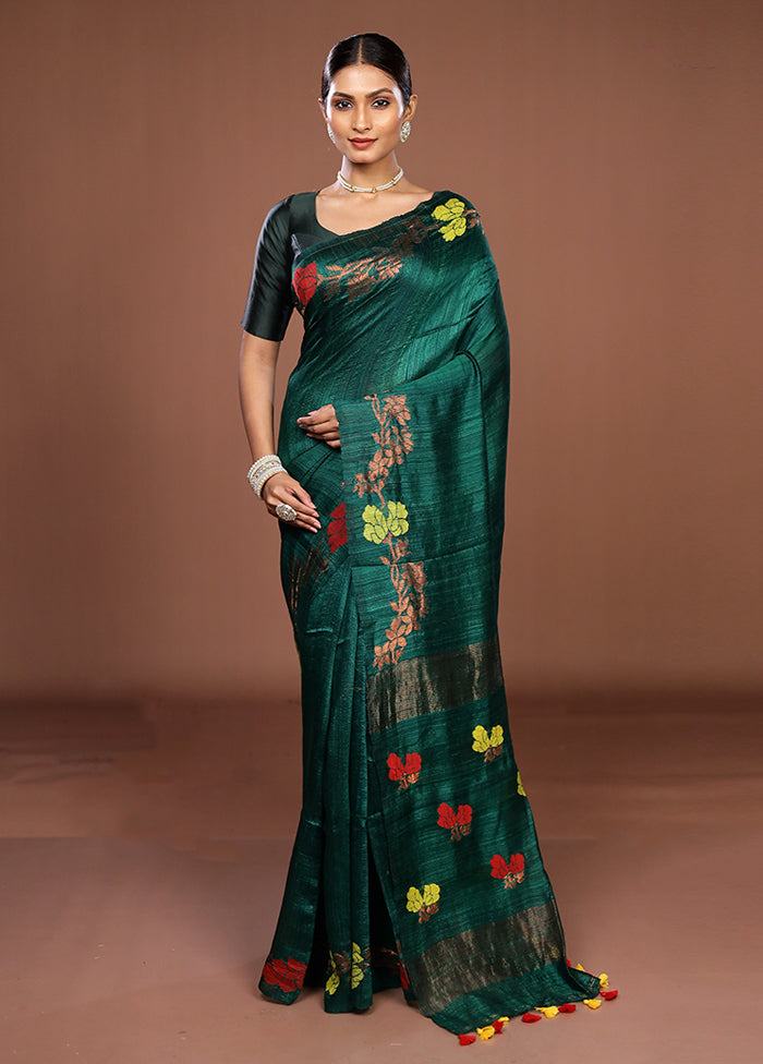 Green Handloom Matka Pure Silk Saree With Blouse Piece
