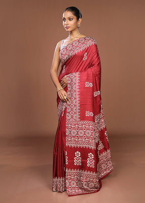 Maroon Chanderi Cotton Saree With Blouse Piece