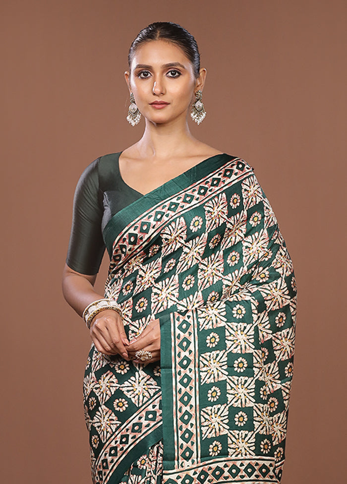 Green Chanderi Cotton Saree With Blouse Piece