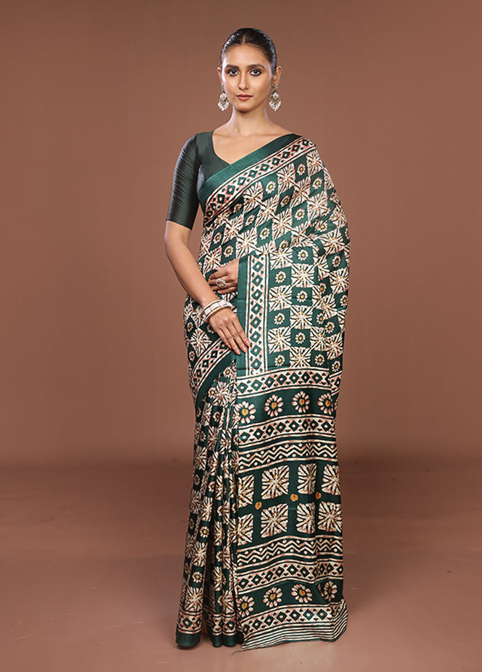 Green Chanderi Cotton Saree With Blouse Piece