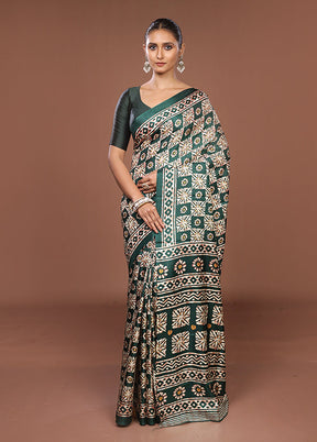 Green Chanderi Cotton Saree With Blouse Piece
