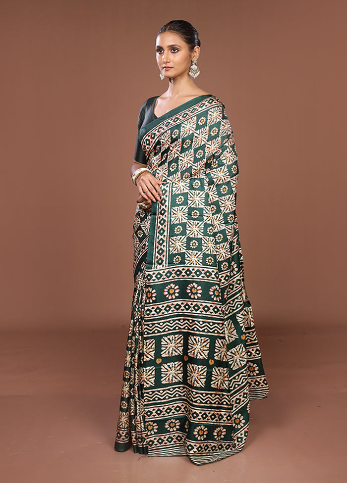 Green Chanderi Cotton Saree With Blouse Piece