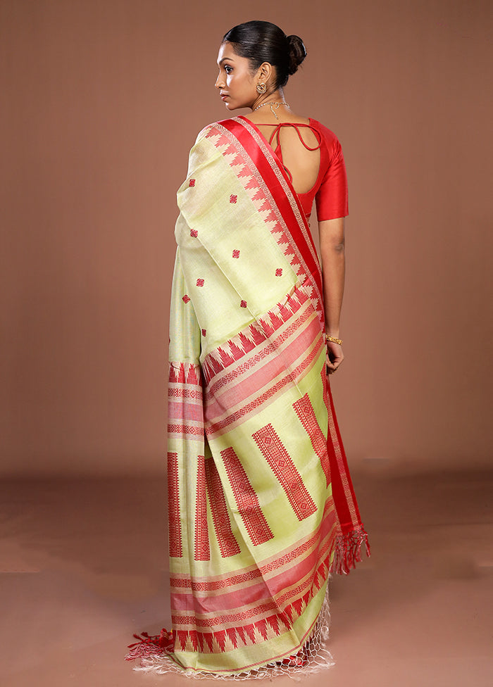 Green Handloom Tussar Pure Silk Saree With Blouse Piece