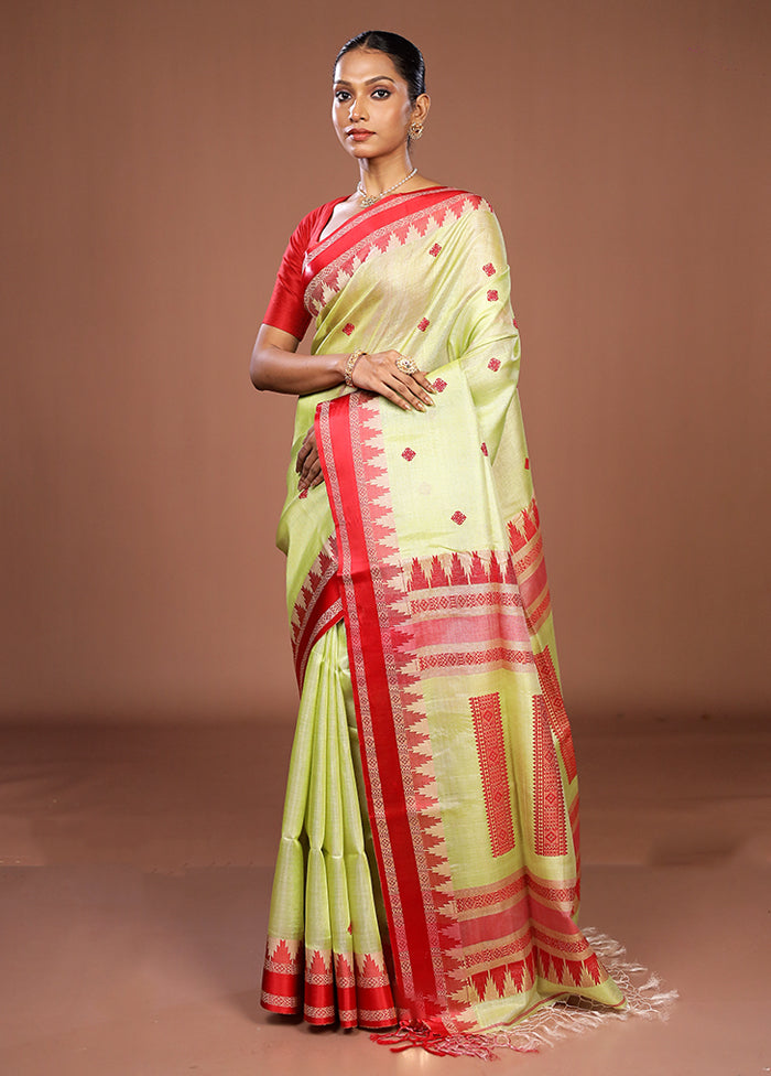 Green Handloom Tussar Pure Silk Saree With Blouse Piece