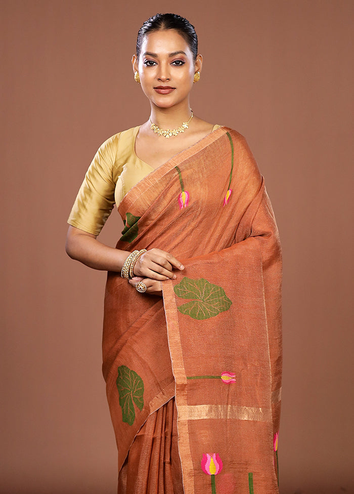 Rust Linen Silk Saree With Blouse Piece