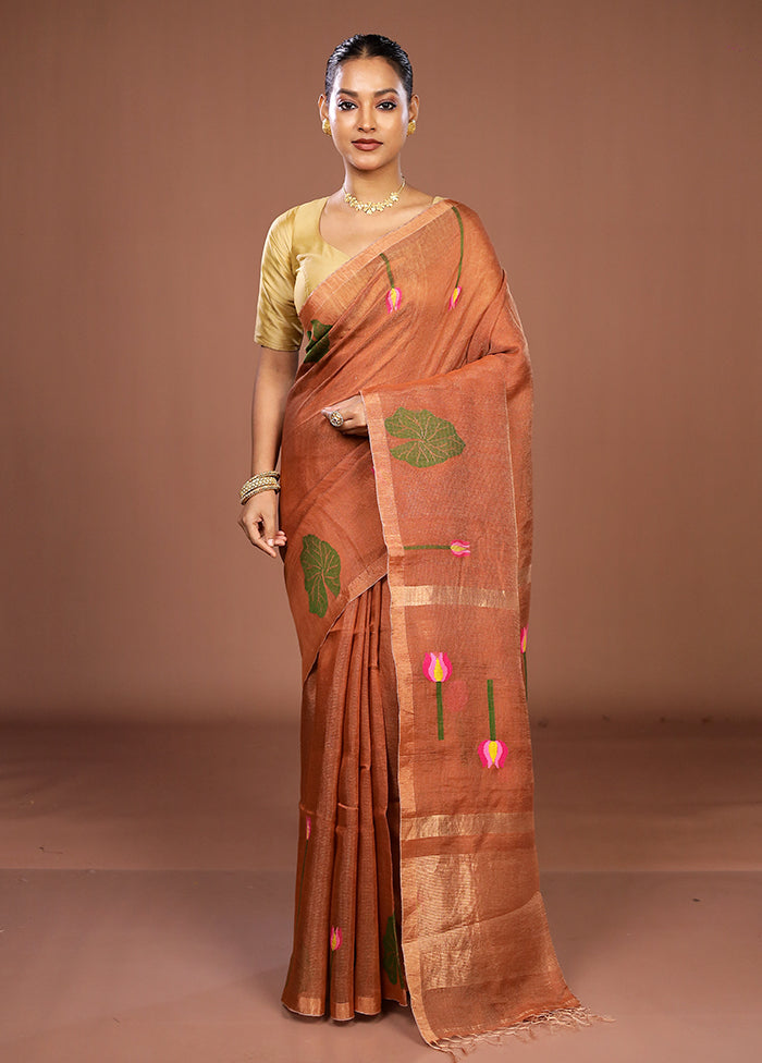 Rust Linen Silk Saree With Blouse Piece