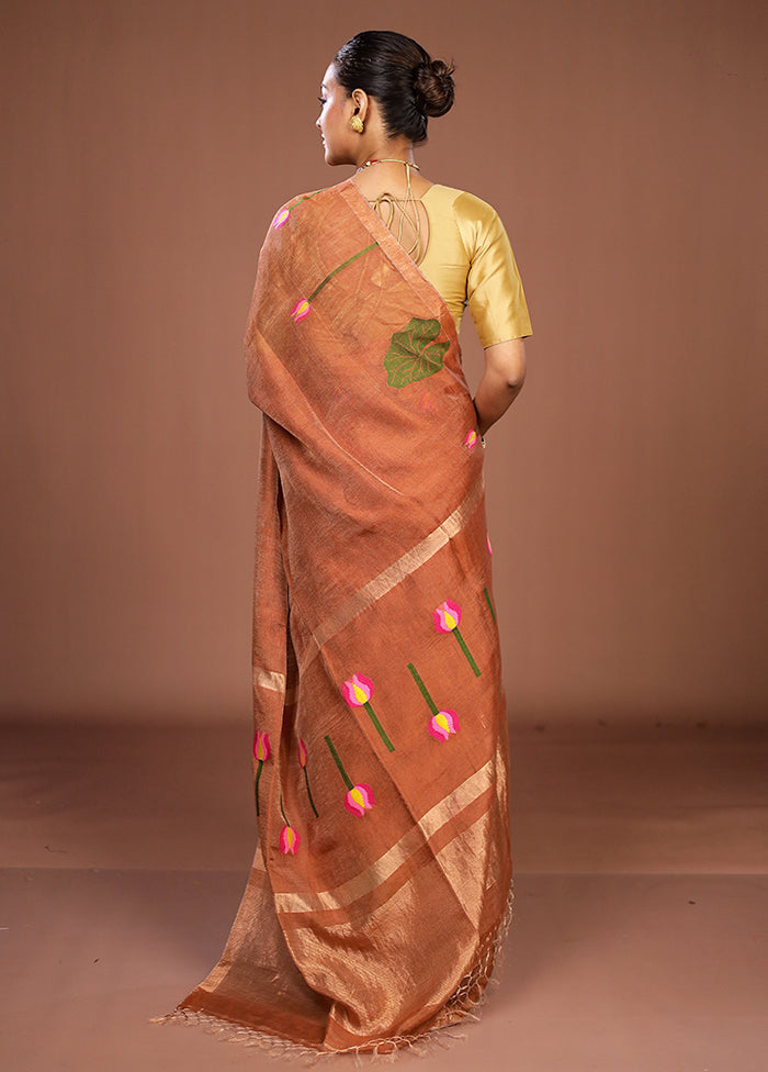 Rust Linen Silk Saree With Blouse Piece