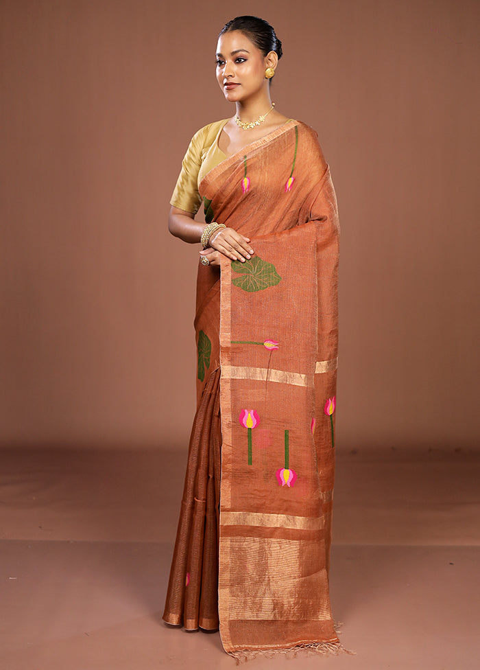 Rust Linen Silk Saree With Blouse Piece