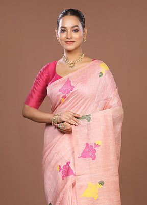 Pink Linen Silk Saree With Blouse Piece