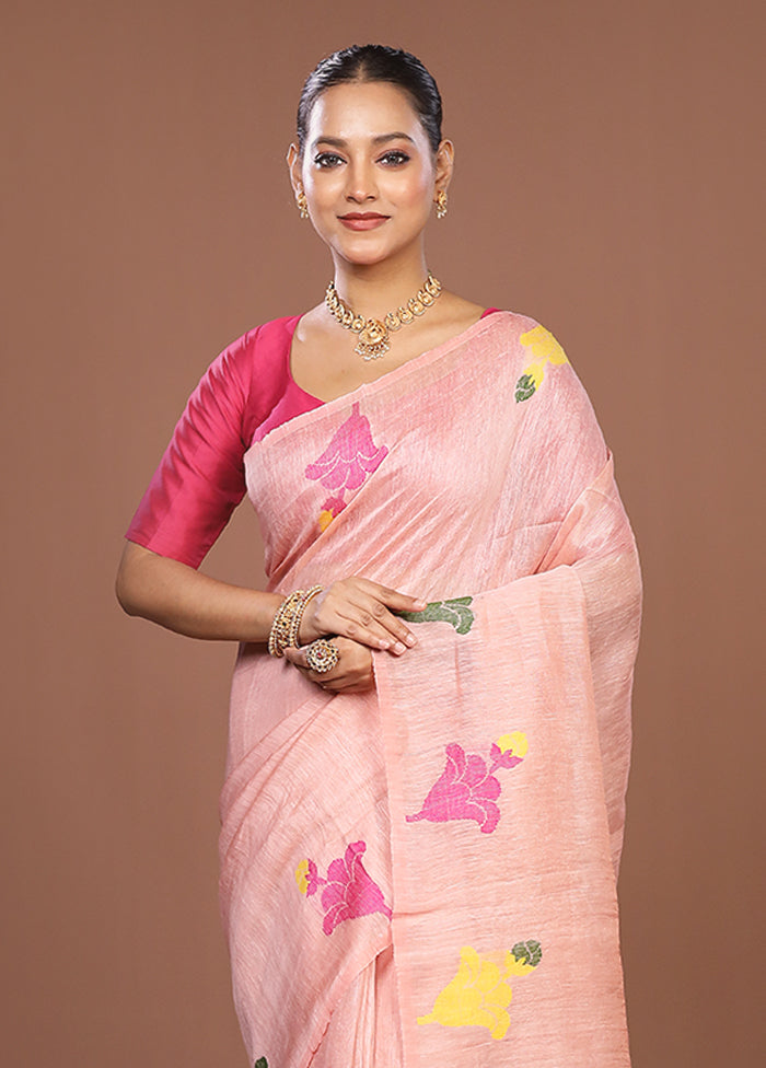 Pink Linen Silk Saree With Blouse Piece