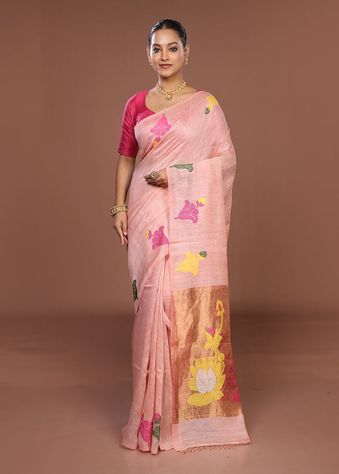 Pink Linen Silk Saree With Blouse Piece
