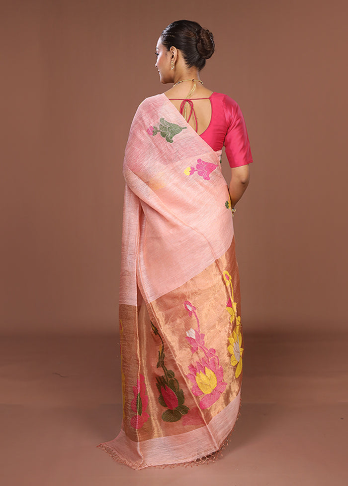 Pink Linen Silk Saree With Blouse Piece
