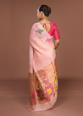 Pink Linen Silk Saree With Blouse Piece