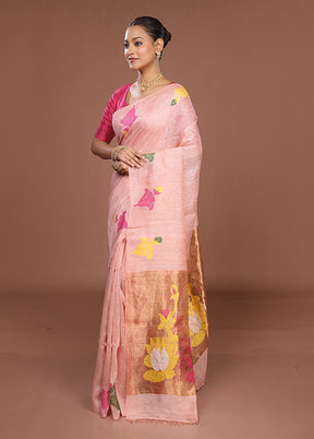 Pink Linen Silk Saree With Blouse Piece