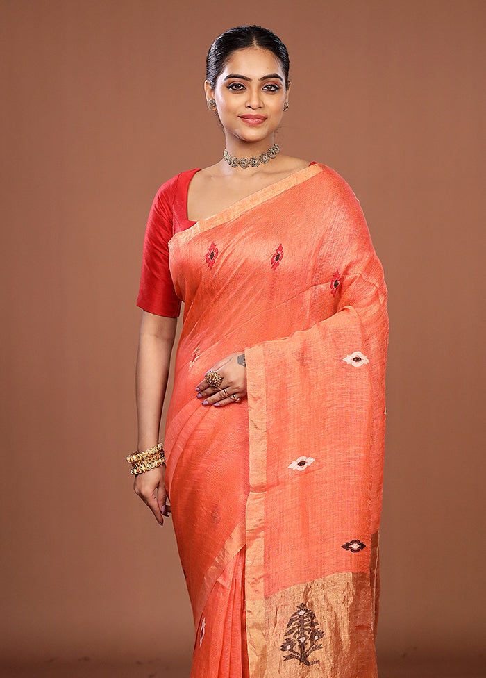 Pink Linen Silk Saree With Blouse Piece