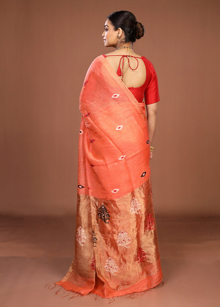Pink Linen Silk Saree With Blouse Piece