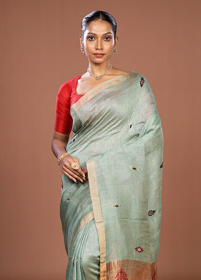 Green Linen Silk Saree With Blouse Piece