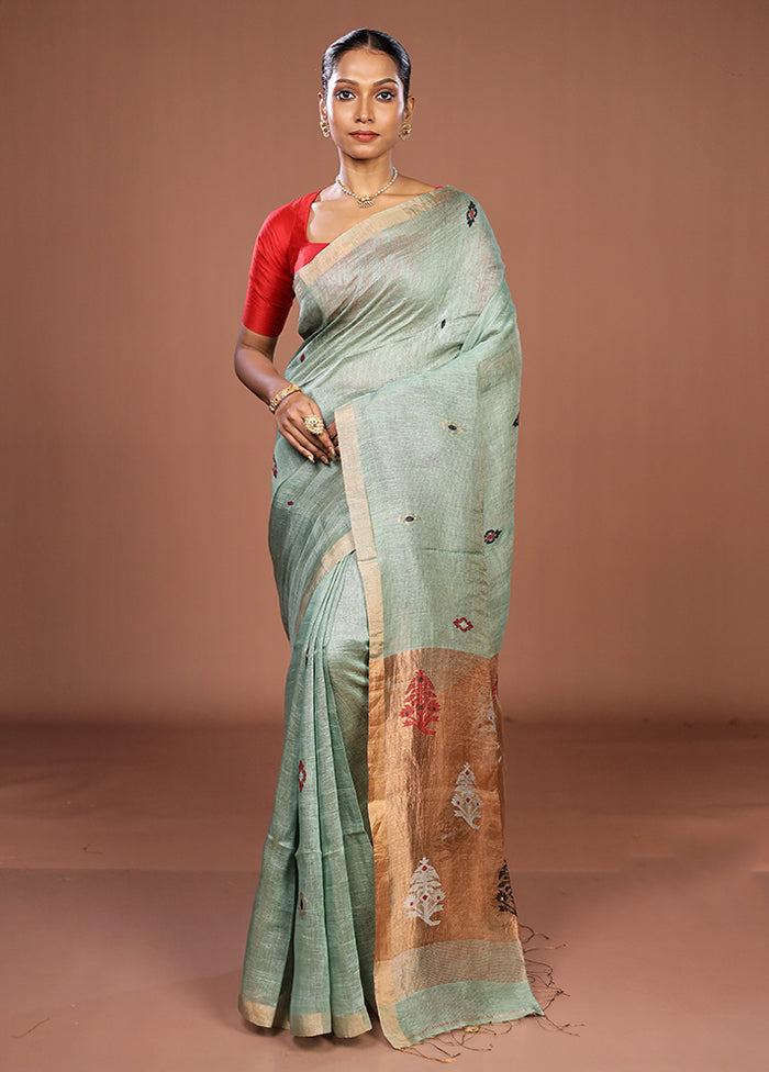 Green Linen Silk Saree With Blouse Piece