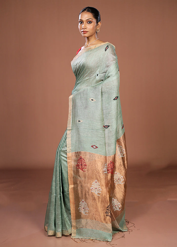 Green Linen Silk Saree With Blouse Piece