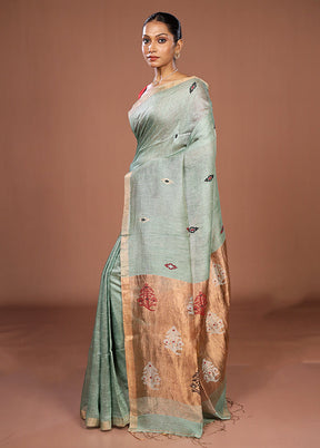 Green Linen Silk Saree With Blouse Piece
