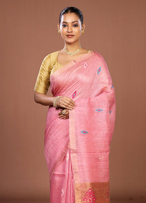 Pink Linen Silk Saree With Blouse Piece