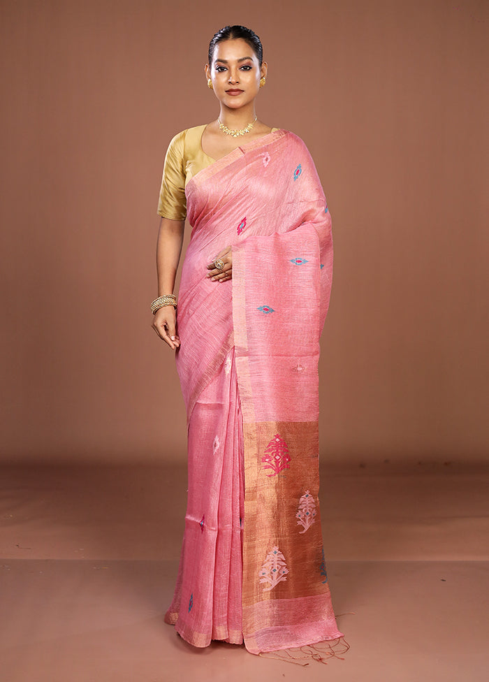 Pink Linen Silk Saree With Blouse Piece