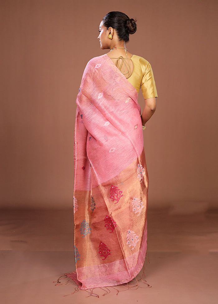 Pink Linen Silk Saree With Blouse Piece