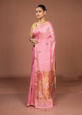 Pink Linen Silk Saree With Blouse Piece