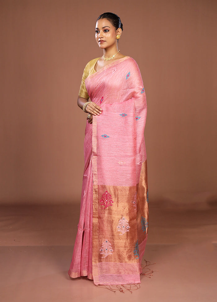 Pink Linen Silk Saree With Blouse Piece