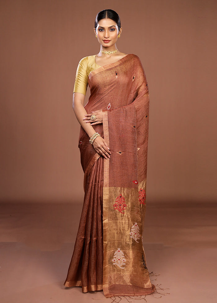 Maroon Linen Silk Saree With Blouse Piece