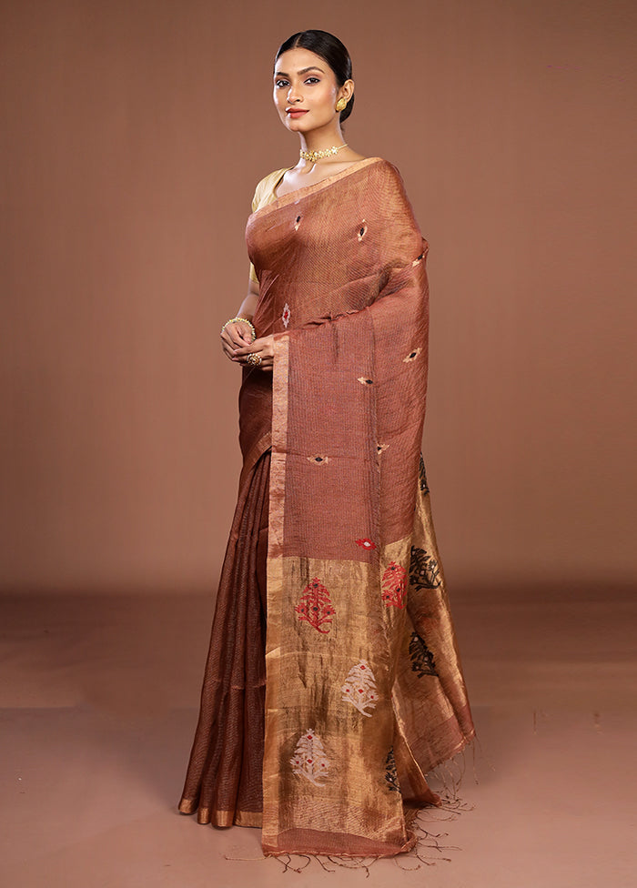 Maroon Linen Silk Saree With Blouse Piece