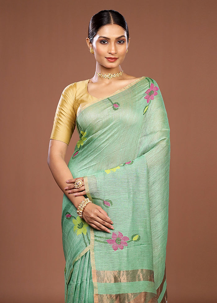 Green Linen Silk Saree With Blouse Piece