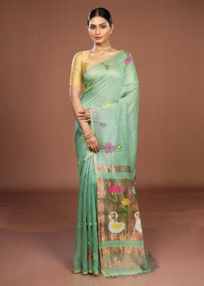 Green Linen Silk Saree With Blouse Piece