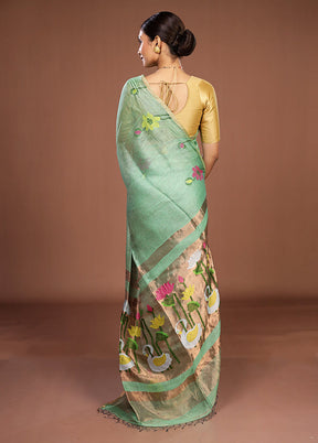 Green Linen Silk Saree With Blouse Piece