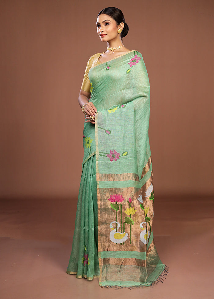 Green Linen Silk Saree With Blouse Piece