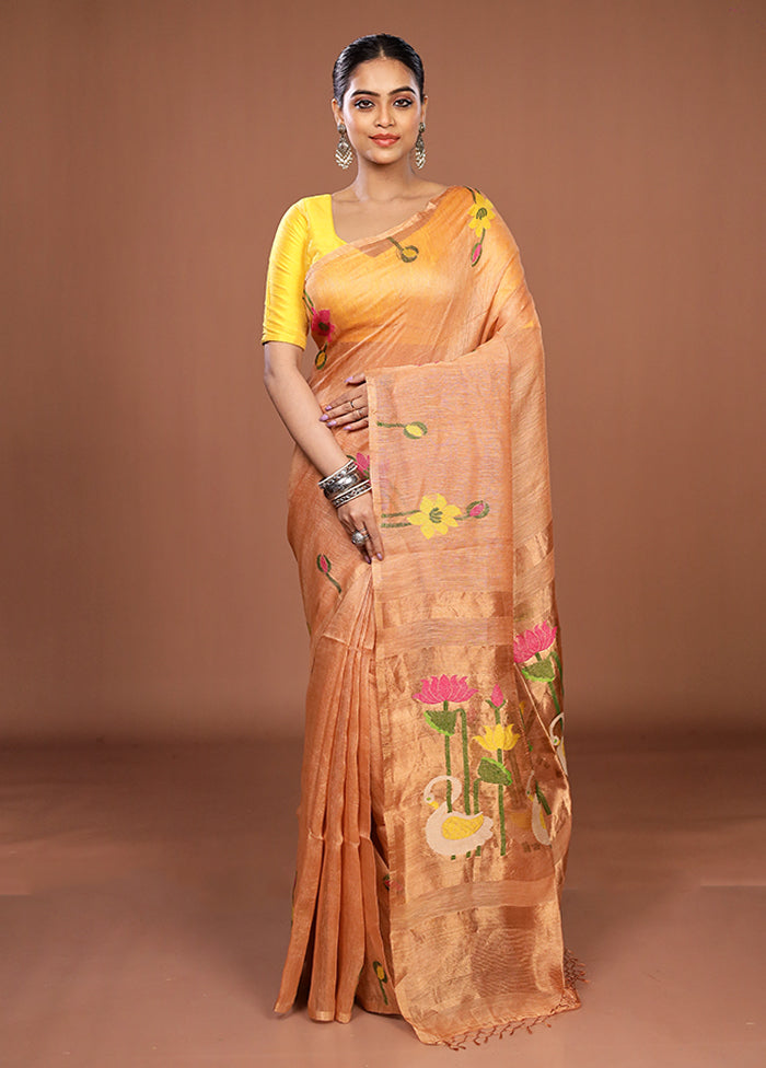 Pink Linen Silk Saree With Blouse Piece