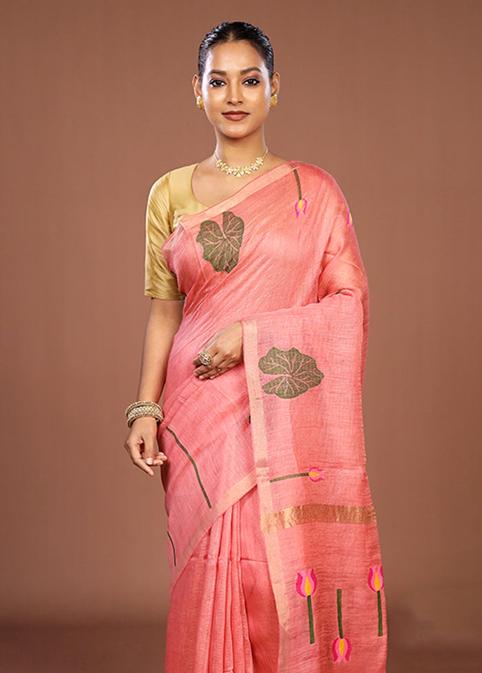 Pink Linen Silk Saree With Blouse Piece