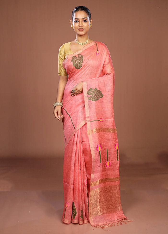 Pink Linen Silk Saree With Blouse Piece