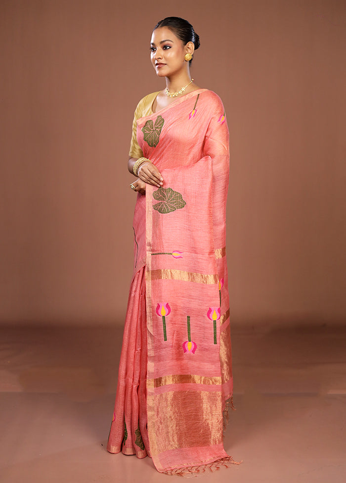 Pink Linen Silk Saree With Blouse Piece