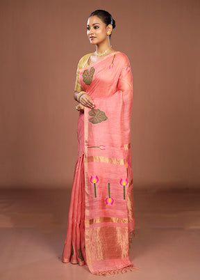 Pink Linen Silk Saree With Blouse Piece