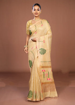 Cream Linen Silk Saree With Blouse Piece