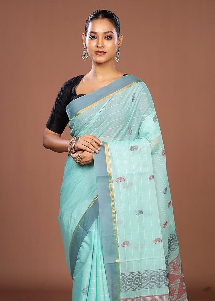 Blue Cotton Saree With Blouse Piece
