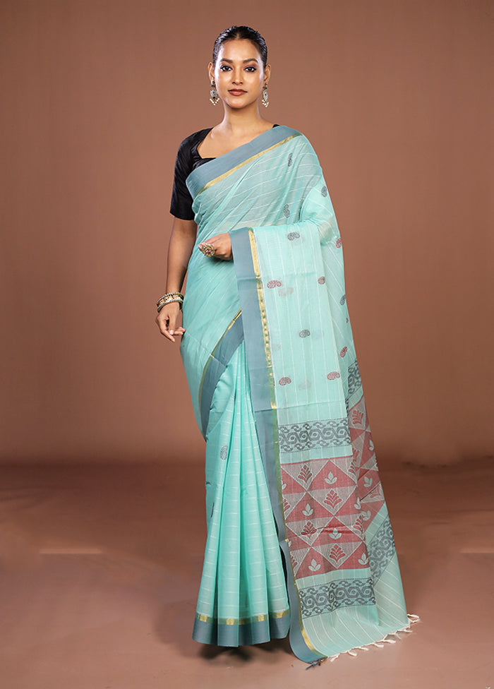 Blue Cotton Saree With Blouse Piece