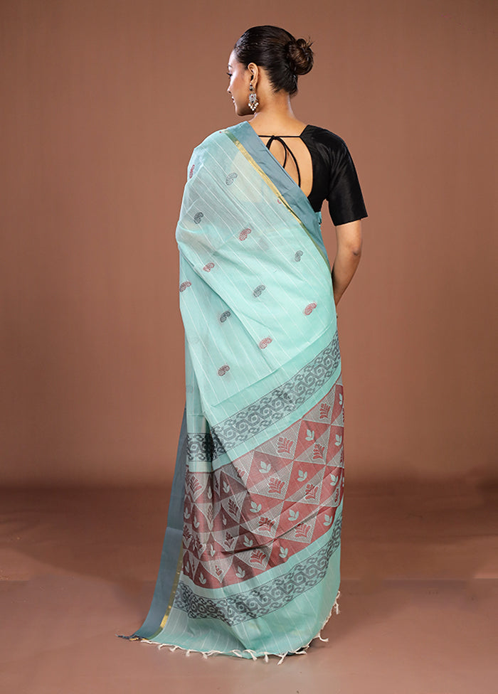 Blue Cotton Saree With Blouse Piece