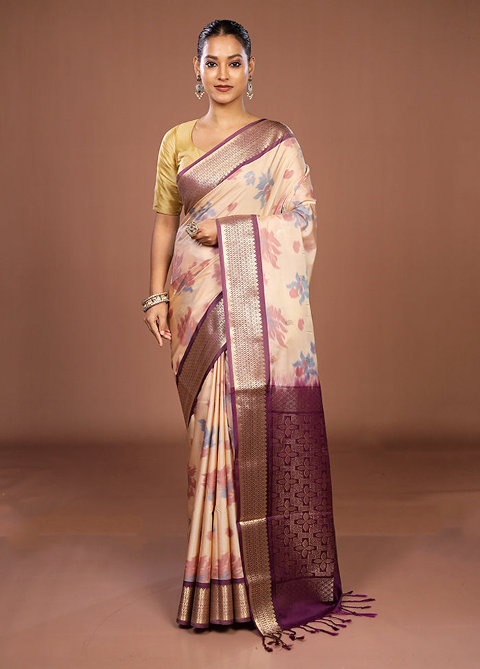 Cream Kanjivaram Silk Saree With Blouse Piece
