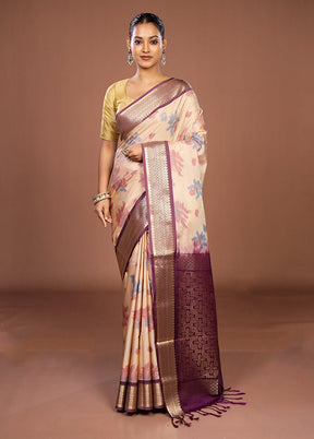 Cream Kanjivaram Silk Saree With Blouse Piece